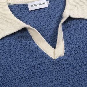 OXKNIT Men's Retro 70's Knit Shirt Wide Collar SS In Med Blue & Cream NWT Sz Med